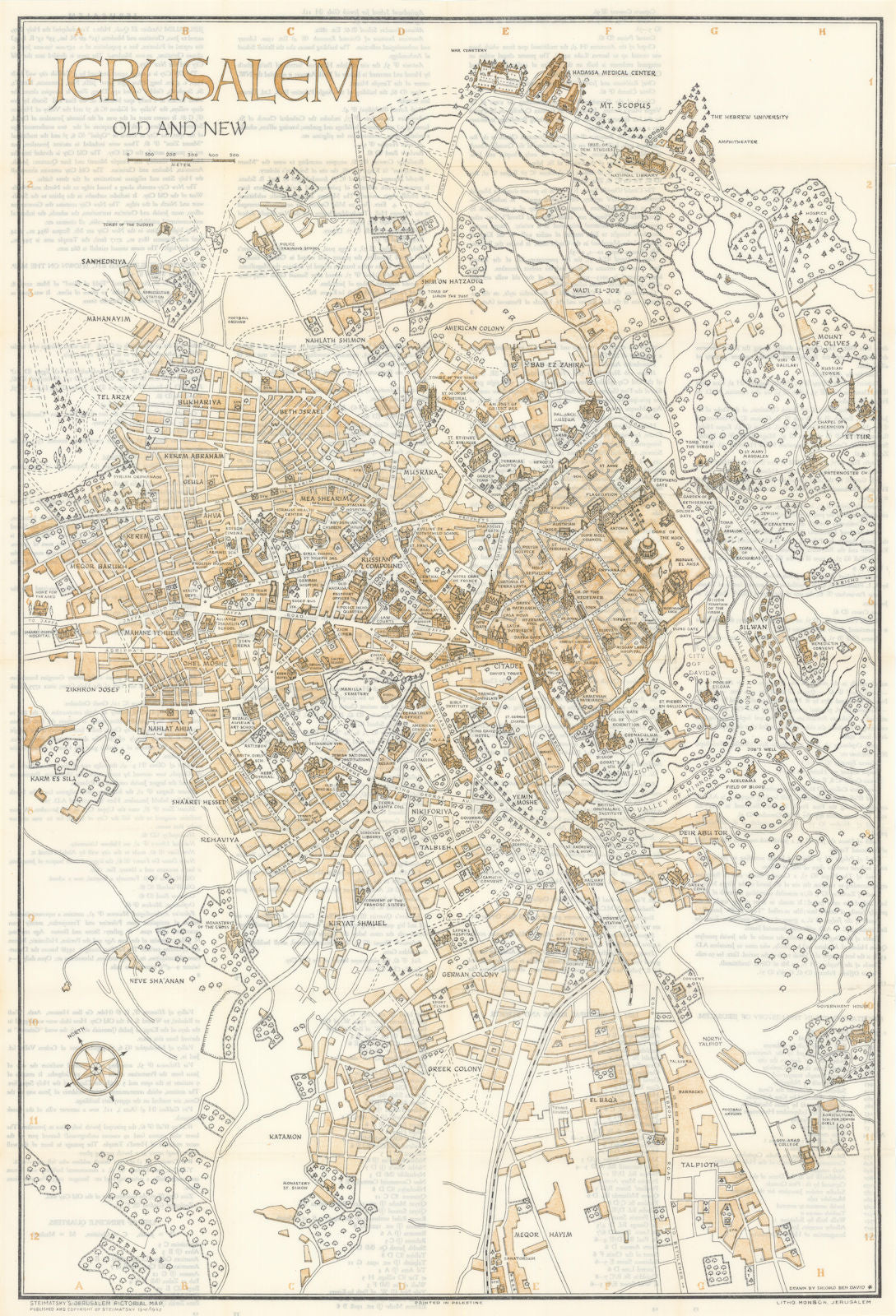 Steimatzky's Jerusalem Old & New Pictorial Map. SHLOMO BEN DAVID 1948